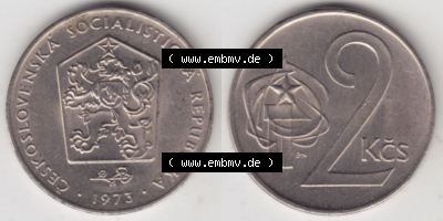 Münzen Tschechoslowakei (Land wurde 1992 aufgelöst), Umlaufmünze 1972-1990, 2 Kronen 1973 (3) Sammlung