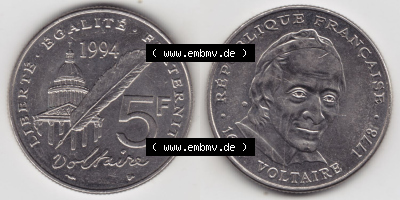 Münzen Frankreich Eurovorläufer, Umlaufmünze vor Euroeinführung 1994-1994, 5 Francs Liberte Egalite Fraternite. Vorderseite... Sammlung