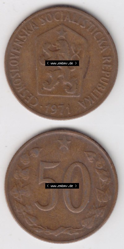Münzen Tschechoslowakei (Land wurde 1992 aufgelöst), Umlaufmünze 1963-1971, 50 h, Heller, Haleru 1971 (4) Sammlung