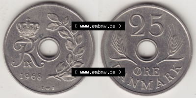 Münzen Dänemark / Danmark Eurovorläufer, Umlaufmünze vor Euroeinführung 1966-1972, 25 Öre 1968 I (3) Sammlung