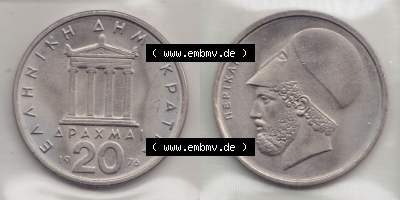 Münzen Griechenland Eurovorläufer, Umlaufmünze vor Euroeinführung 1976, 20 Drachmen. VS+RS auf einen Bild/Foto einer Münze... Sammlung