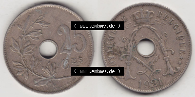 Münzen Belgien Eurovorläufer, Umlaufmünze vor Euroeinführung 1913-1929, 25 Ces, 1921 Centimes Belgique (3) Sammlung