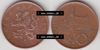 Münzen Tschechische Republik / Tschechin Eurovorläufer, Umlaufmünze vor Euroeinführung 1993-Heute, 10 Kronen 2003 (3) Sammlung