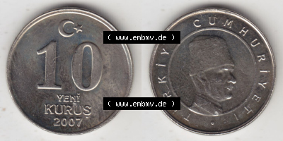Münzen Türkei / Türkiye Eurovorläufer, Umlaufmünze vor Euroeinführung 2005-2008, 10 Yeni Neue Kurus (3) Sammlung