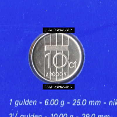 Münzen Niederlande / Netherlands Eurovorläufer, Umlaufmünze vor Euroeinführung 1982-2000, 10 Cent 2000 (2) Sammlung