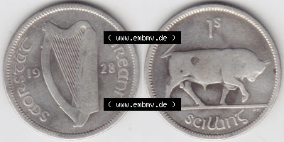 Münzen Irland Eurovorläufer, Silbermünze in Silber aus Umlauf, in Umlauferhaltung vor Euroeinführung 1928-1937, 1 Schilling,... Sammlung