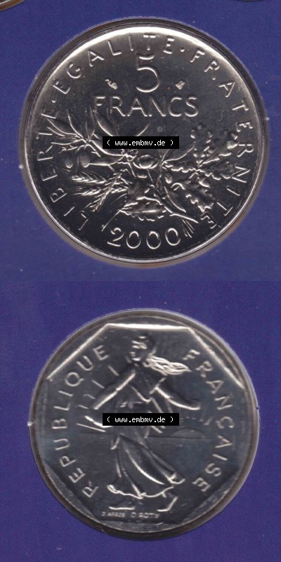 Münzen Frankreich Eurovorläufer, Umlaufmünze vor Euroeinführung 2000, 5 Francs. Vorderseite und Rückseite Vertikal Untereinander,... Sammlung
