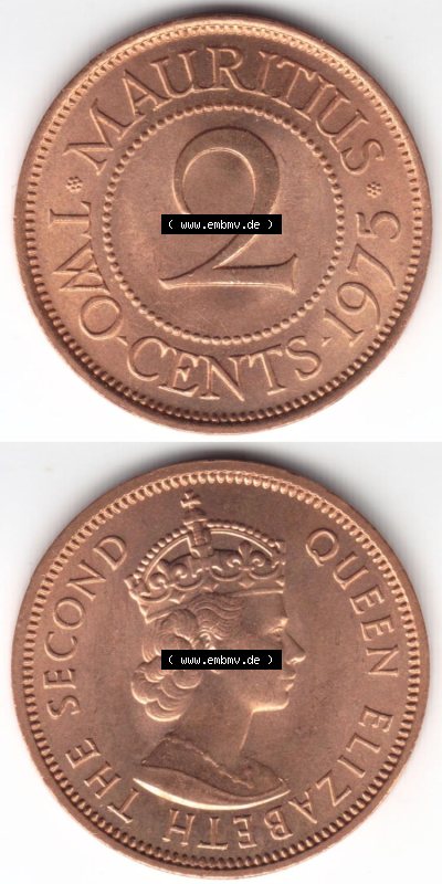 Münzen aus Afrika Mauritius Umlaufmünze 1953-1978, 2 Cent 1975 (4) Sammlung