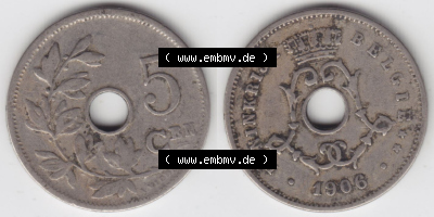 Münzen Belgien Eurovorläufer, Umlaufmünze vor Euroeinführung 1904-1907, 5 Cen, Centimes Koninkrijk Belgie (3) Sammlung
