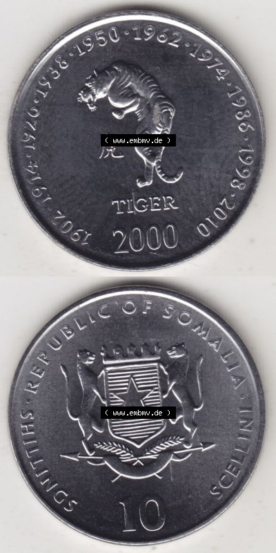 Münzen aus Afrika Somalia, Republik Umlaufmünze 2000-2000, 1 Schilling / Shilling / Scellini Lunar / Chinesische Tierkreiszeichen... Sammlung