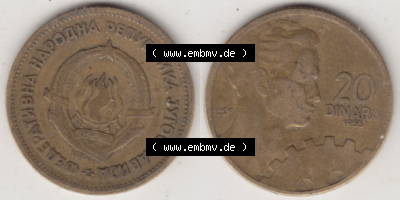 Münzen Jugoslawien (Land wurde 2003 aufgelöst), Umlaufmünze 1955-1955, 20 Dinar 1955 (3) Sammlung