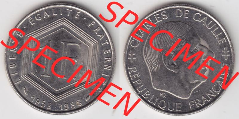 Münzen Frankreich Eurovorläufer, Umlaufmünze vor Euroeinführung 1988-1988, 1 Francs, Franken 1988. Vorderseite und Rückseite Nebeneinander einer Münze... Sammlung
