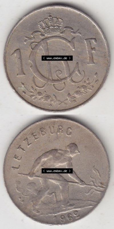 Münzen Luxemburg / Lëtzebuerg Eurovorläufer, Umlaufmünze vor Euroeinführung 1952-1964, 1 F, Franc, Franken 1962 II. (4) Sammlung