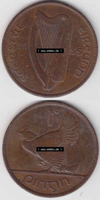 Münzen Irland Eurovorläufer, Umlaufmünze vor Euroeinführung 1928-1937, 1 Penny, Pence 1935 (4) Sammlung