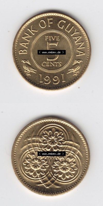 Münzen aus Amerika Guyana Umlaufmünze 1967-1992, 5 Five Cents 1991 (4) Sammlung