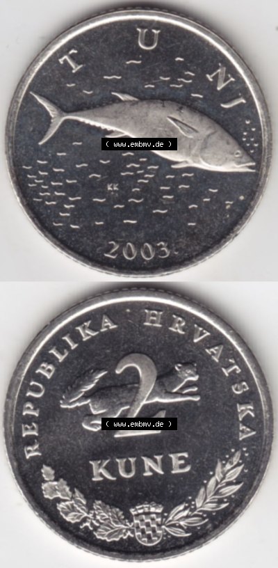 Münzen Kroatien Eurovorläufer, Umlaufmünze vor Euroeinführung 1993-2021, 2 Kune 2003 (4) Sammlung