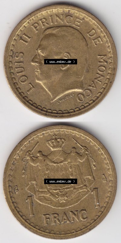 Münzen Monaco / Mu̍negu Eurovorläufer, Umlaufmünze vor Euroeinführung 1945-1945, 1 Fr, Franc, Franken, Louis II Prince de... Sammlung