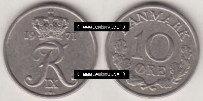 Münzen Dänemark / Danmark Eurovorläufer, Umlaufmünze vor Euroeinführung 1960-1972, 10 Öre 1971 (Stück 2) (3) Sammlung