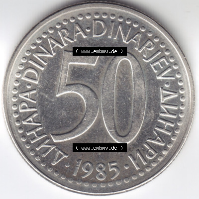 Münzen Jugoslawien (Land wurde 2003 aufgelöst), Umlaufmünze 1985-1988, 50 Dinara, Dinarjev 1985 (1) Sammlung