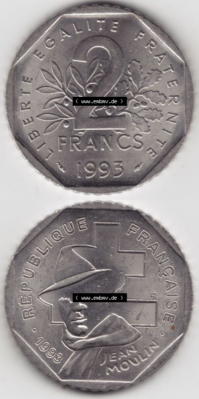 Münzen Frankreich Eurovorläufer, Umlaufmünze vor Euroeinführung 1993-1993, 2 Francs Jean Moulin. Vorderseite und Rückseite... Sammlung