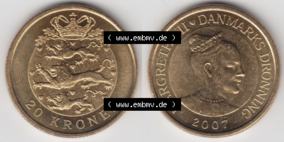 Münzen Dänemark / Danmark Eurovorläufer, Umlaufmünze vor Euroeinführung 2007, 20 Kroner, Kronen (3) Sammlung