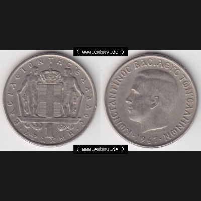 Münzen Griechenland Eurovorläufer, Umlaufmünze vor Euroeinführung 1967, 1 Apaxmai, Drachme. VS+RS auf einen Bild/Foto einer Münze aus Griechenland... Sammlung