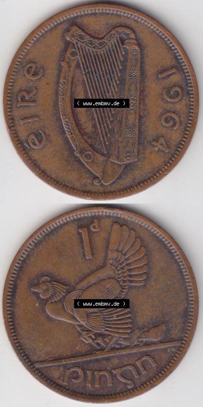 Münzen Irland Eurovorläufer, Umlaufmünze vor Euroeinführung 1940-1968, 1 Penny 1964 (4) Sammlung