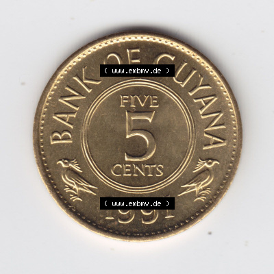Münzen aus Amerika Guyana Umlaufmünze 1967-1992, 5 Five Cents 1991 (1) Sammlung