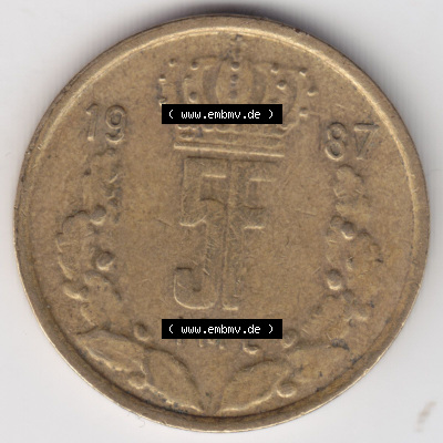 Münzen Luxemburg / Lëtzebuerg Eurovorläufer, Umlaufmünze vor Euroeinführung 1986-1988, 5 F, Francs, Franken 1987 (1) Sammlung
