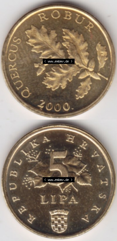 Münzen Kroatien Eurovorläufer, Umlaufmünze vor Euroeinführung 1994-2021, 5 Lipa 2000 (4) Sammlung