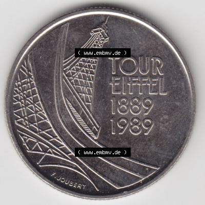Münzen Frankreich Eurovorläufer, Umlaufmünze vor Euroeinführung 1989-1989, 5 Francs Franken Eiffelturm. Rückseite einer Münze... Sammlung