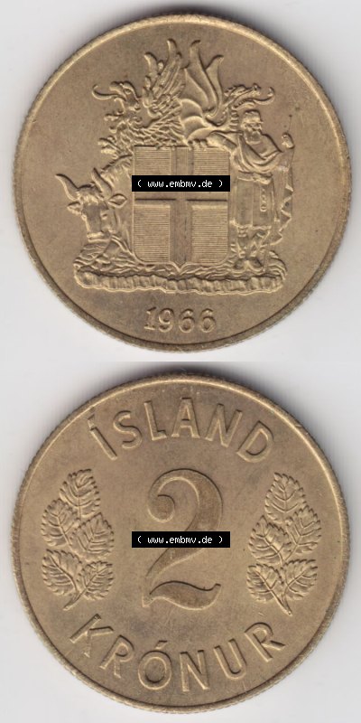 Münzen Island Eurovorläufer, Umlaufmünze vor Euroeinführung 1958-1966, 2 KR Kronur, Kronen 1966 (4) Sammlung