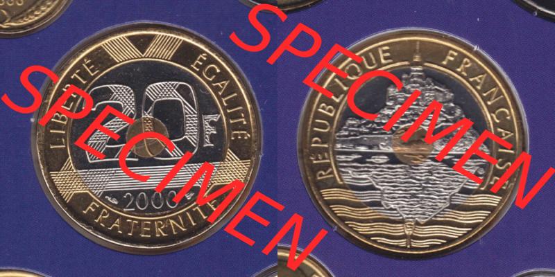 Münzen Frankreich Eurovorläufer, Umlaufmünze vor Euroeinführung 2000, 20 Francs. Vorderseite und Rückseite Nebeneinander einer Münze aus Europa als Digitales... Sammlung