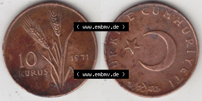 Münzen Türkei / Türkiye Eurovorläufer, Umlaufmünze vor Euroeinführung 1969-1973, 10 Kurus (3) Sammlung