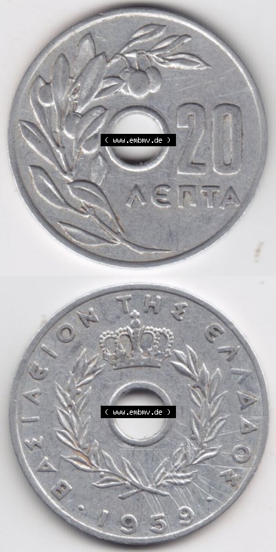 Münzen Griechenland Eurovorläufer, Umlaufmünze vor Euroeinführung 1959, 20 Aenta, Lepta. VS+RS auf einen Bild/Foto,, untereinander... Sammlung