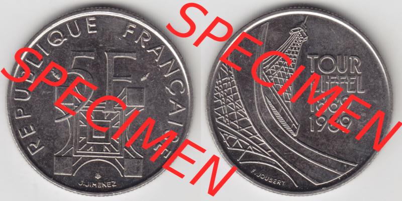 Münzen Frankreich Eurovorläufer, Umlaufmünze vor Euroeinführung 1989-1989, 5 Francs Franken Eiffelturm. Vorderseite und Rückseite Nebeneinander einer Münze... Sammlung