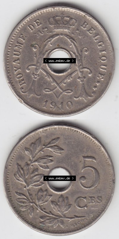 Münzen Belgien Eurovorläufer, Umlaufmünze vor Euroeinführung 1910-1932, 5 Ces, Centimes Koninkrijk Belgie (4) Sammlung