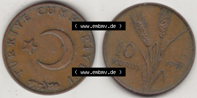 Münzen Türkei / Türkiye Eurovorläufer, Umlaufmünze vor Euroeinführung 1969-1973, 10 Kurus 1971 (3) Sammlung