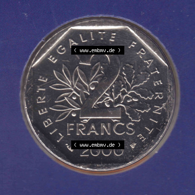 Münzen Frankreich Eurovorläufer, Umlaufmünze vor Euroeinführung 2000, 2 Francs. Vorderseite einer Münze aus Europa als Digitales... Sammlung