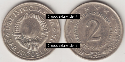 Münzen Jugoslawien (Land wurde 2003 aufgelöst), Umlaufmünze 1971-1981, 2 Dinar 1981 (3) Sammlung