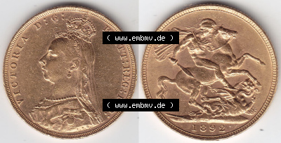 Münzen Großbritannien Eurovorläufer, Umlaufmünze vor Euroeinführung 1887-1892, 1 Pfund Sovereign Goldmünze in Gold 1892... Sammlung