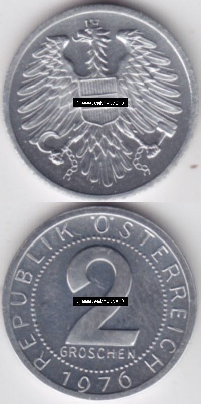 Münzen Österreich / Austria Eurovorläufer, Umlaufmünze vor Euroeinführung 1950-1994, 2 Groschen 1976 (4) Sammlung