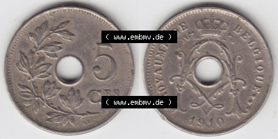 Münzen Belgien Eurovorläufer, Umlaufmünze vor Euroeinführung 1910-1932, 5 Ces, Centimes Koninkrijk Belgie (3) Sammlung