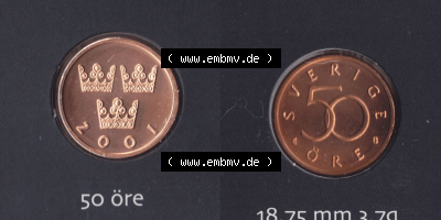 Münzen Schweden / Sverige Eurovorläufer, Umlaufmünze vor Euroeinführung 1992-2009, 50 Öre 2001 KMS (3) Sammlung