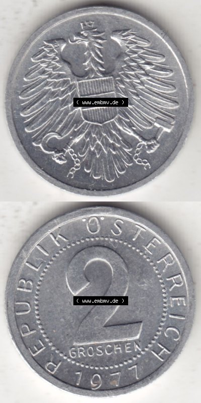 Münzen Österreich / Austria Eurovorläufer, Umlaufmünze vor Euroeinführung 1950-1994, 2 Groschen 1977 (4) Sammlung