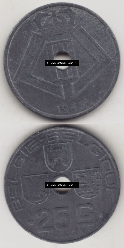 Münzen Belgien Eurovorläufer, Umlaufmünze vor Euroeinführung 1942-1946, 25 Centimes 1943 Belgie - Belgique (4) Sammlung