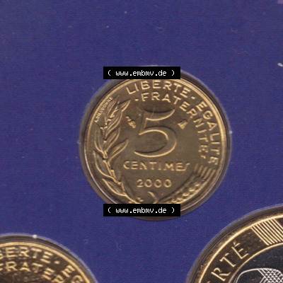 Münzen Frankreich Eurovorläufer, Umlaufmünze vor Euroeinführung 2000, 5 Centimes. Vorderseite einer Münze aus Europa als... Sammlung