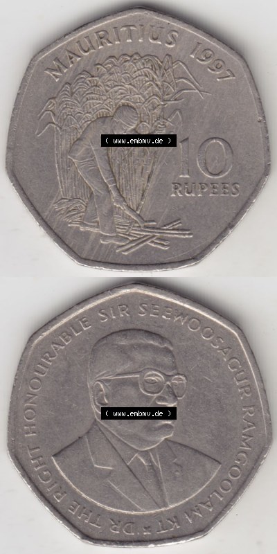 Münzen aus Afrika Mauritius Umlaufmünze 1997-2000, 10 Rupien, Rupees 1997 (4) Sammlung