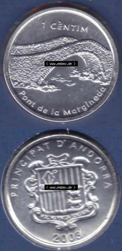 Münzen Andorra Eurovorläufer, Umlaufmünze vor Euroeinführung 2003, 1 Centime, Brücke von Margineda (4) Sammlung