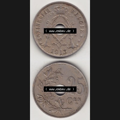 Münzen Belgien Eurovorläufer, Umlaufmünze vor Euroeinführung 1910-1929, 25 Cen, 1913 Centimes Koninkrijk Belgie (4) Sammlung